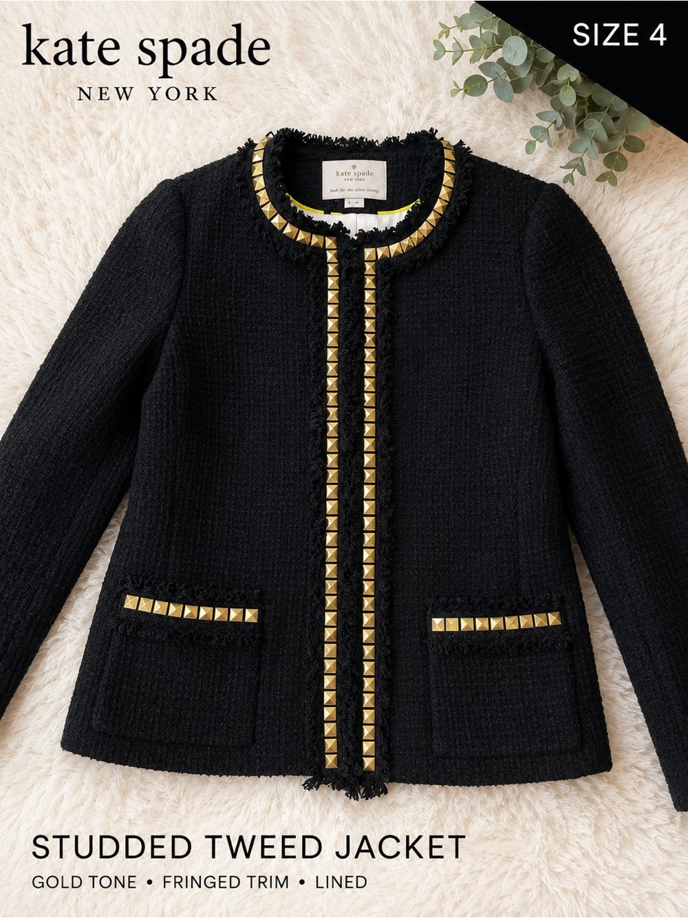 kate spade Black Tweed Jacket with Gold Stud Trim
